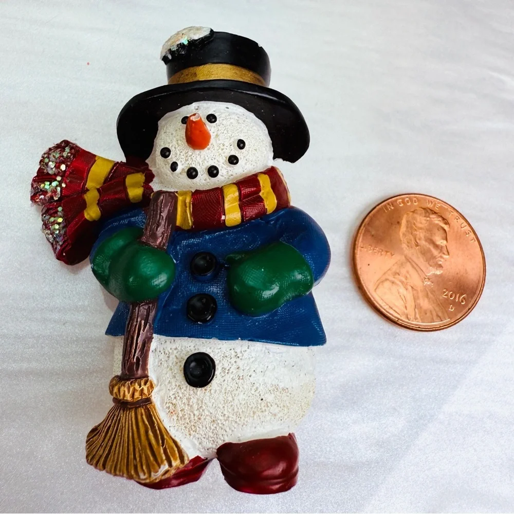 Festive Snowman Figurine with Broom Brooch Pin